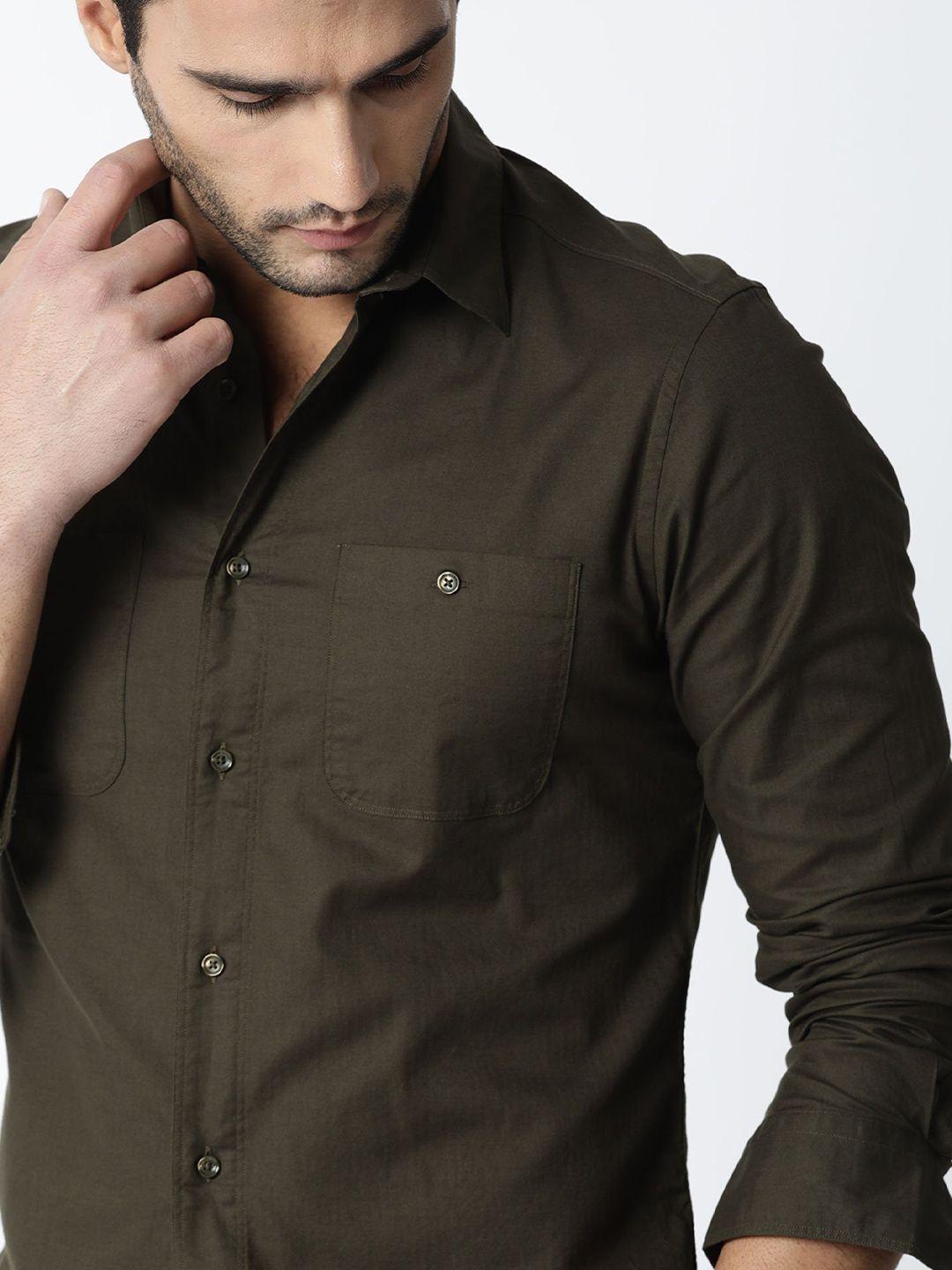 rare rabbit men olive green tailored fit opaque casual shirt