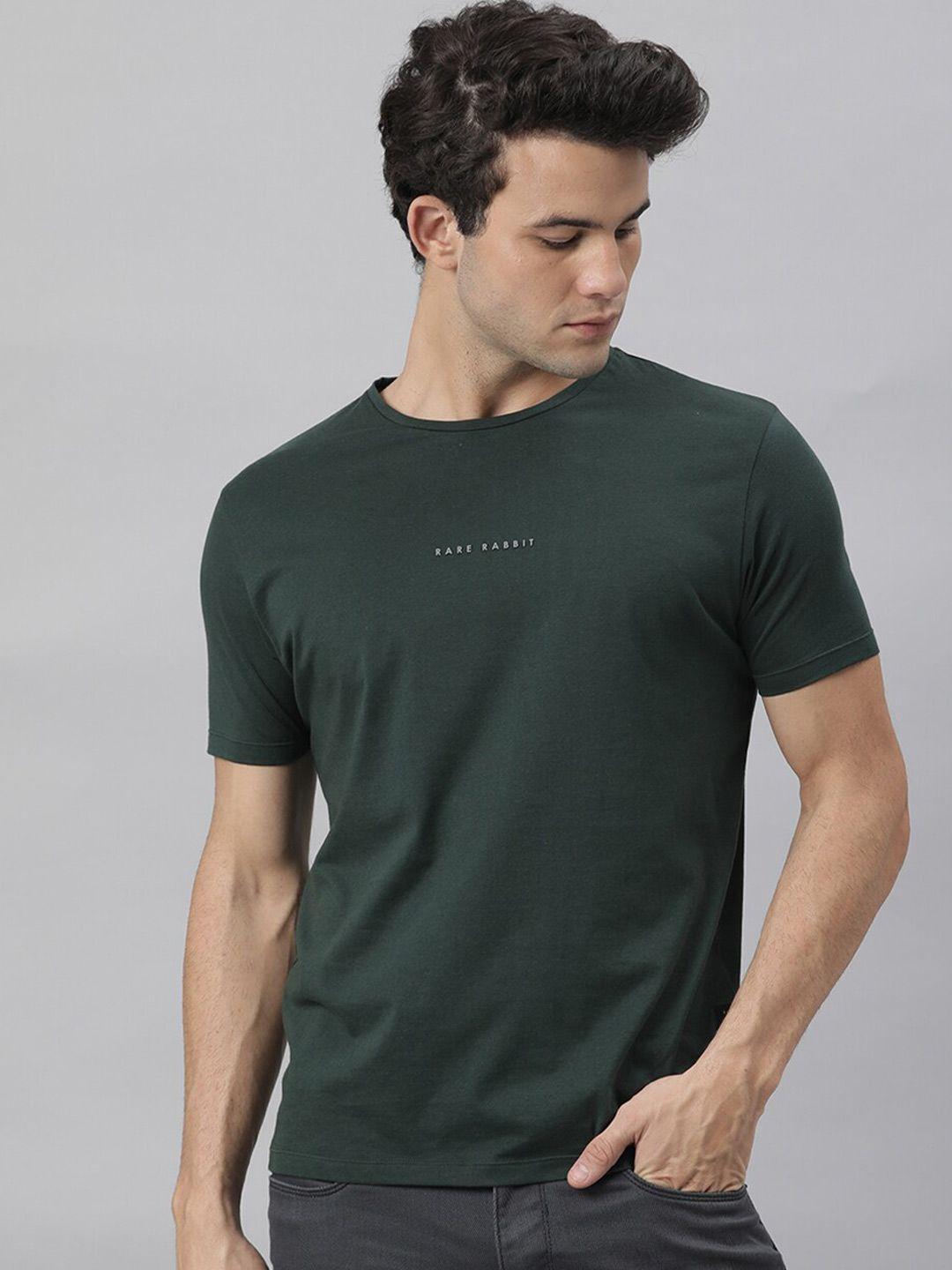 rare rabbit men olive green typography pure cotton slim fit t-shirt