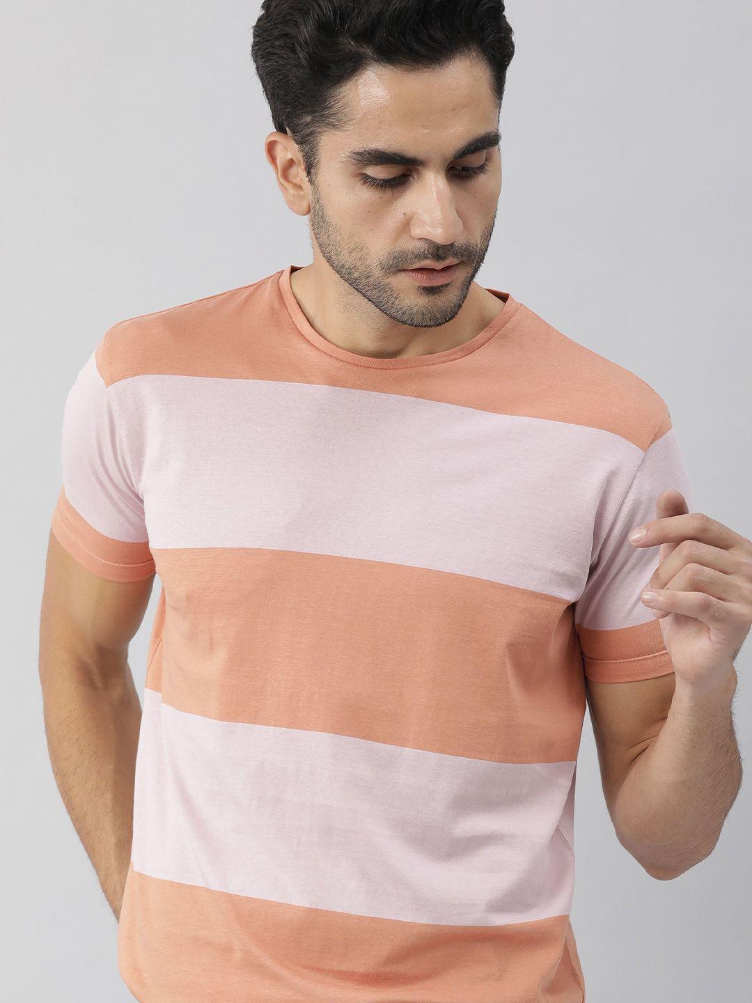 rare rabbit men orange & pink striped pure cotton slim fit t-shirt