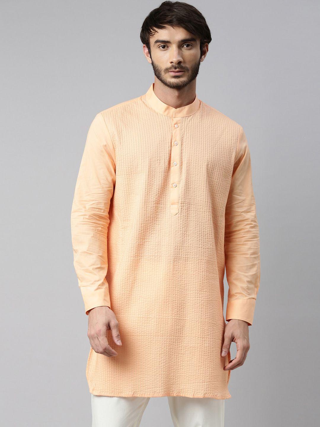 rare rabbit men orange pastels pleated pure cotton straight kurta