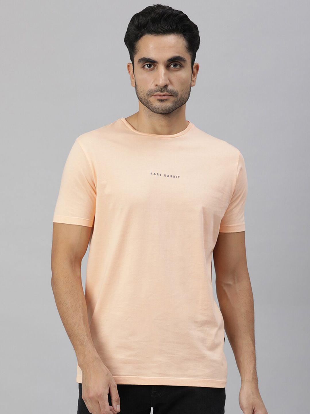 rare rabbit men peach-coloured cotton slim fit t-shirt