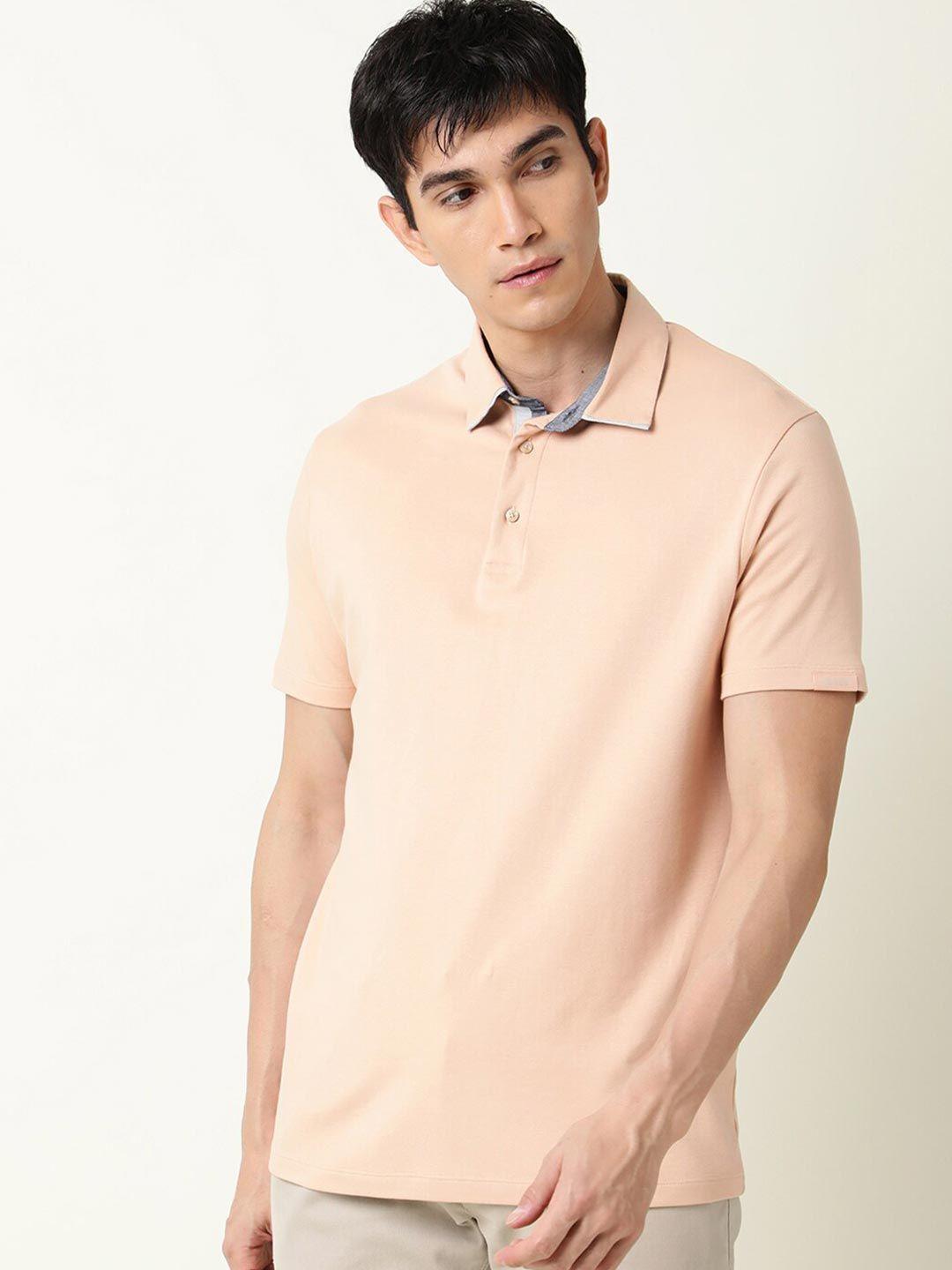 rare rabbit men peach-coloured polo collar slim fit cotton t-shirt