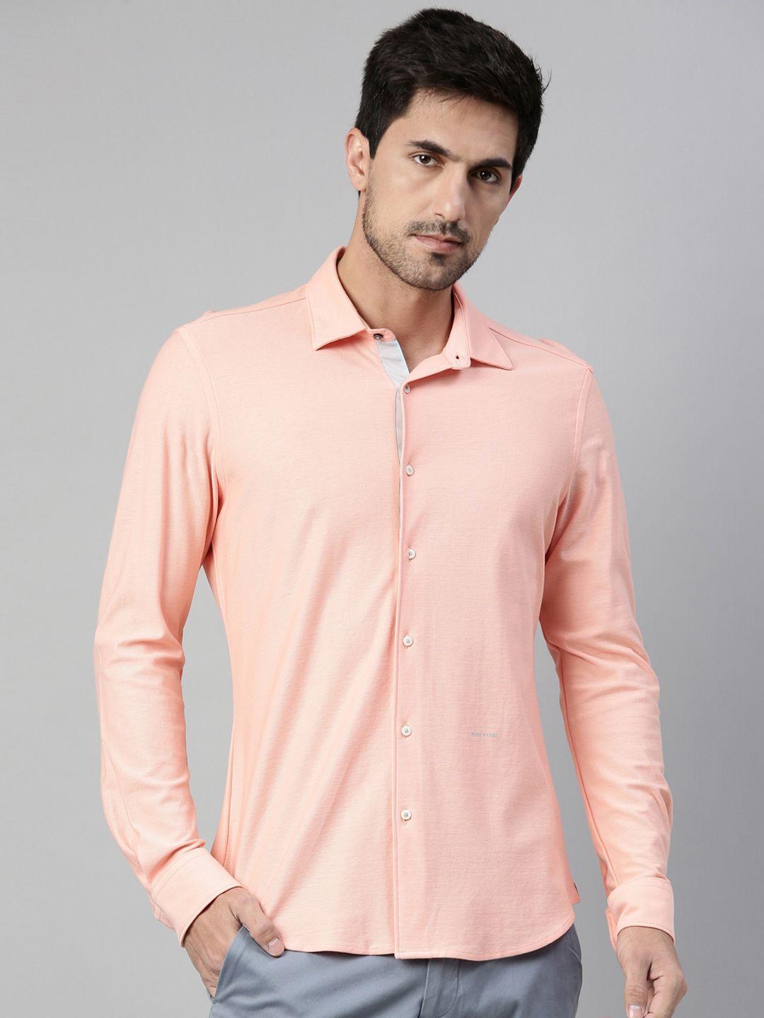 rare rabbit men peach-coloured regular fit solid casual shirt