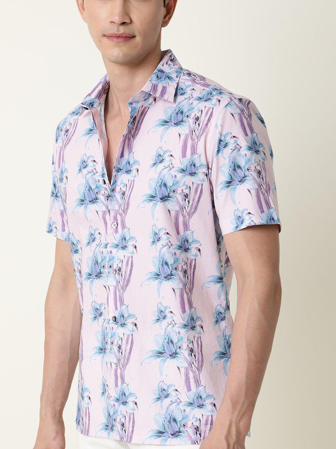 rare rabbit men pink floral printed cotton slim fit casual shirt