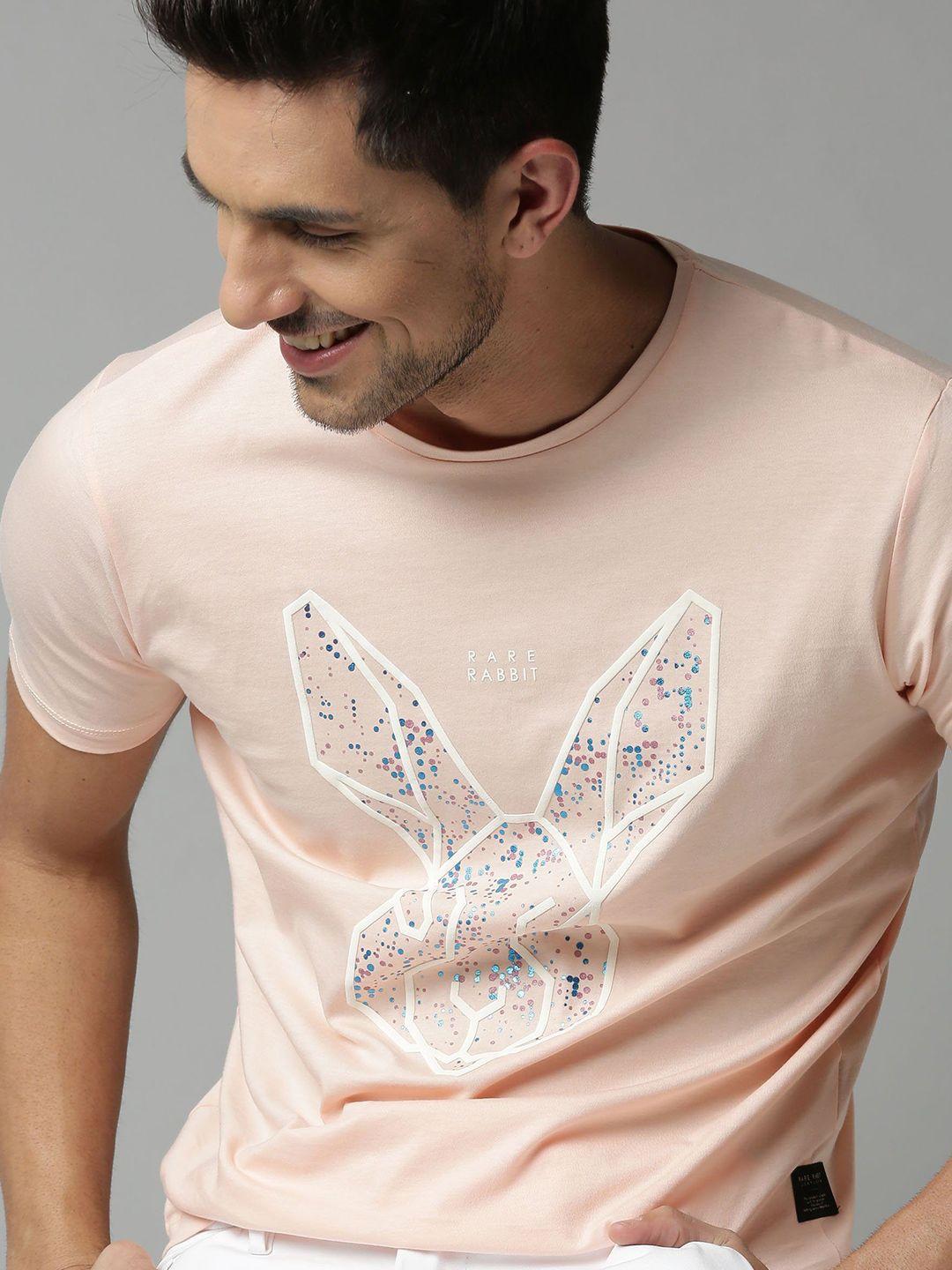 rare rabbit men pink printed round neck t-shirt