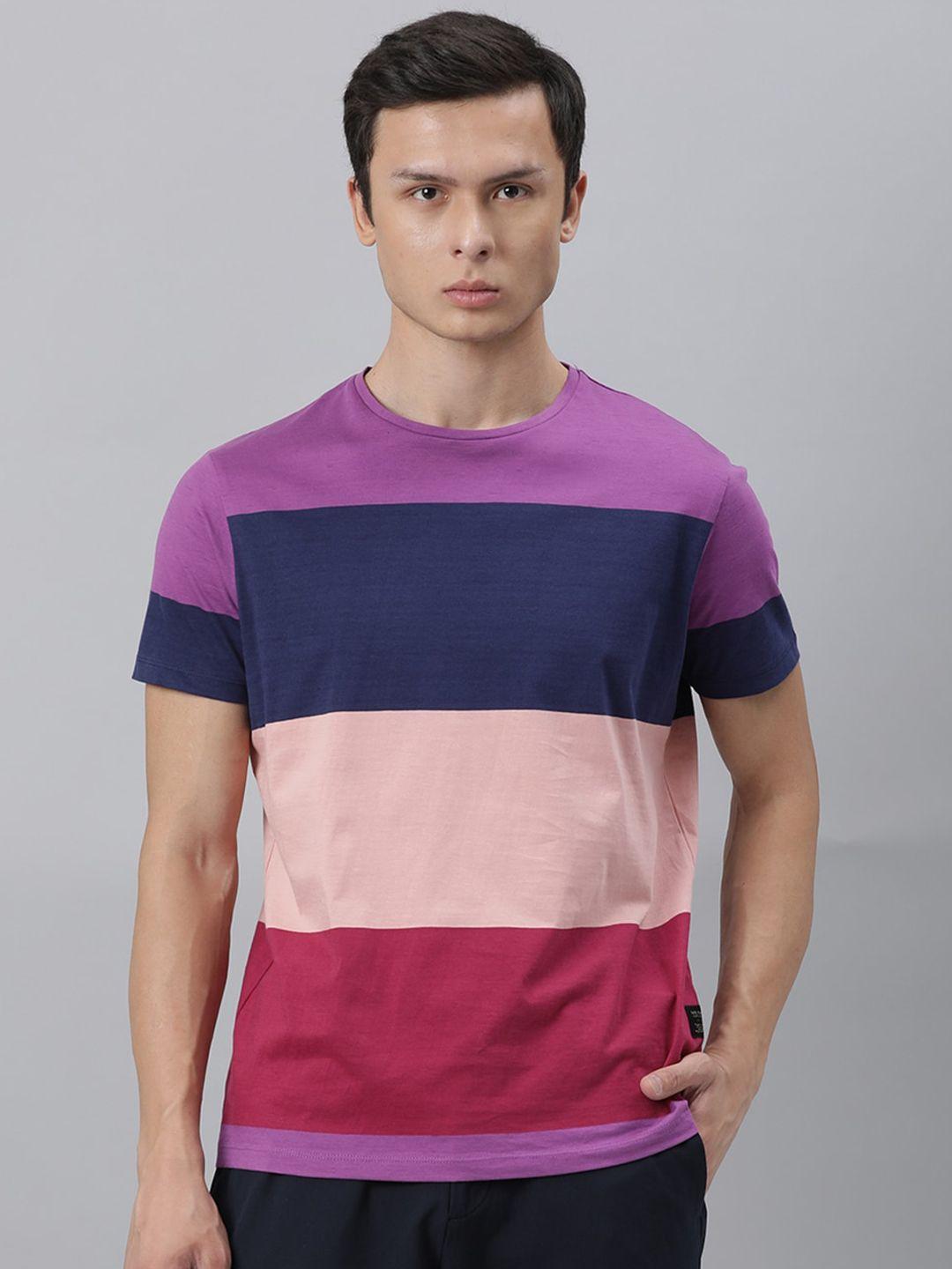 rare rabbit men purple colourblocked pure cotton slim fit t-shirt