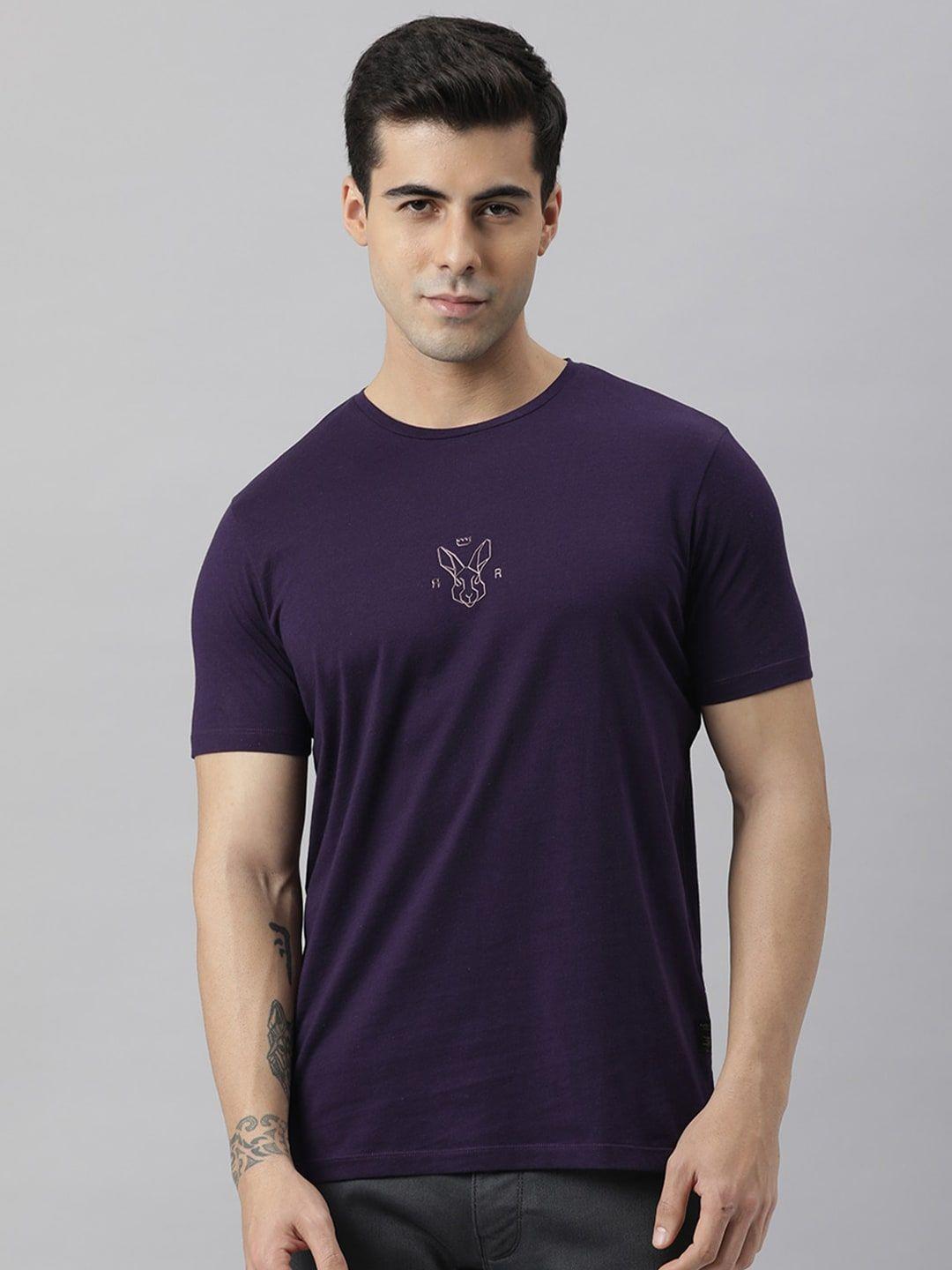 rare rabbit men purple solid pure cotton slim fit t-shirt