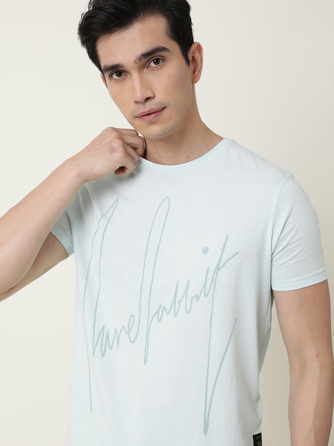 rare rabbit men sea green typography printed pure cotton slim fit t-shirt