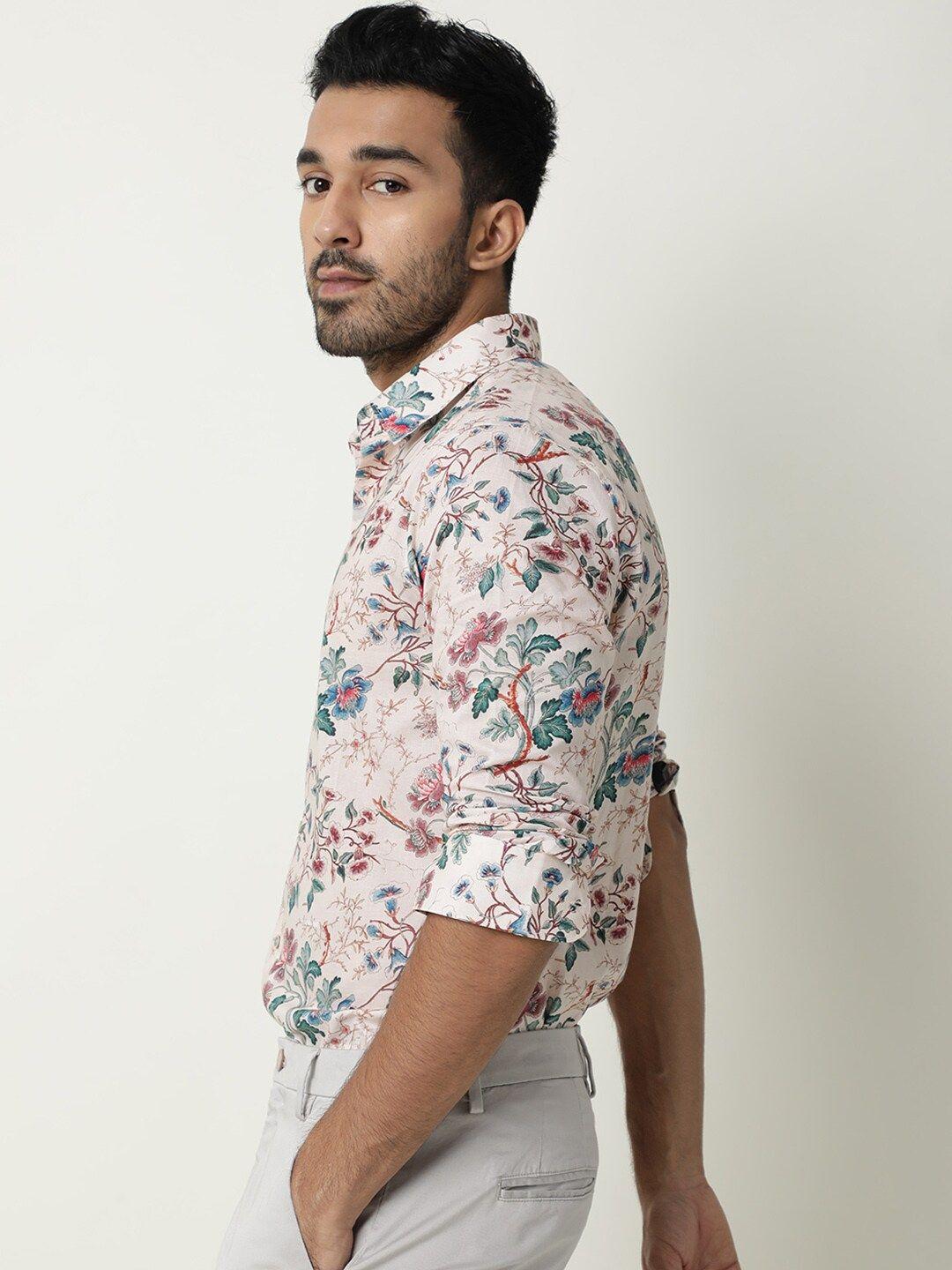 rare rabbit men slim fit floral printed cotton casual shirt
