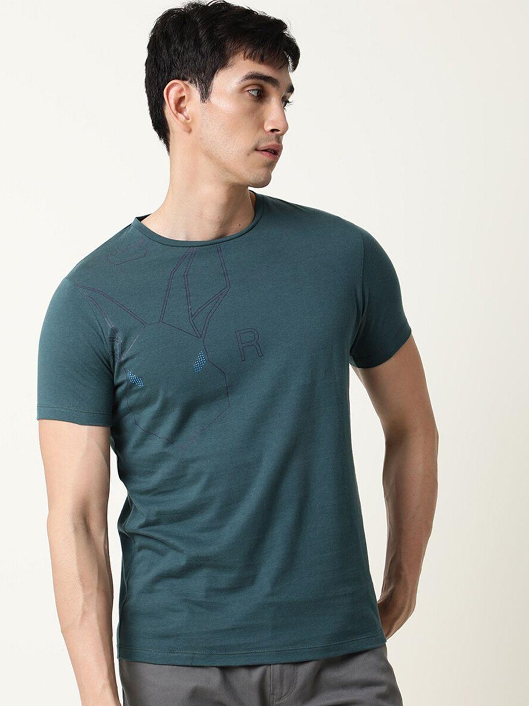 rare rabbit men teal printed cotton slim fit t-shirt