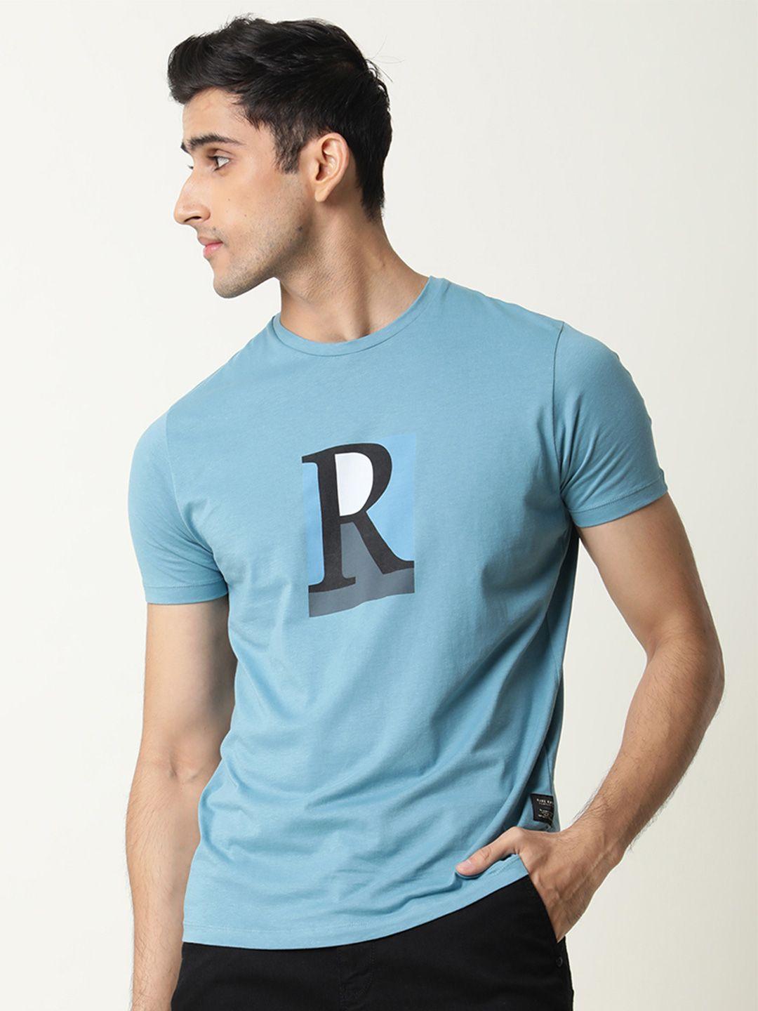 rare rabbit men teal typography printed slim fit t-shirt
