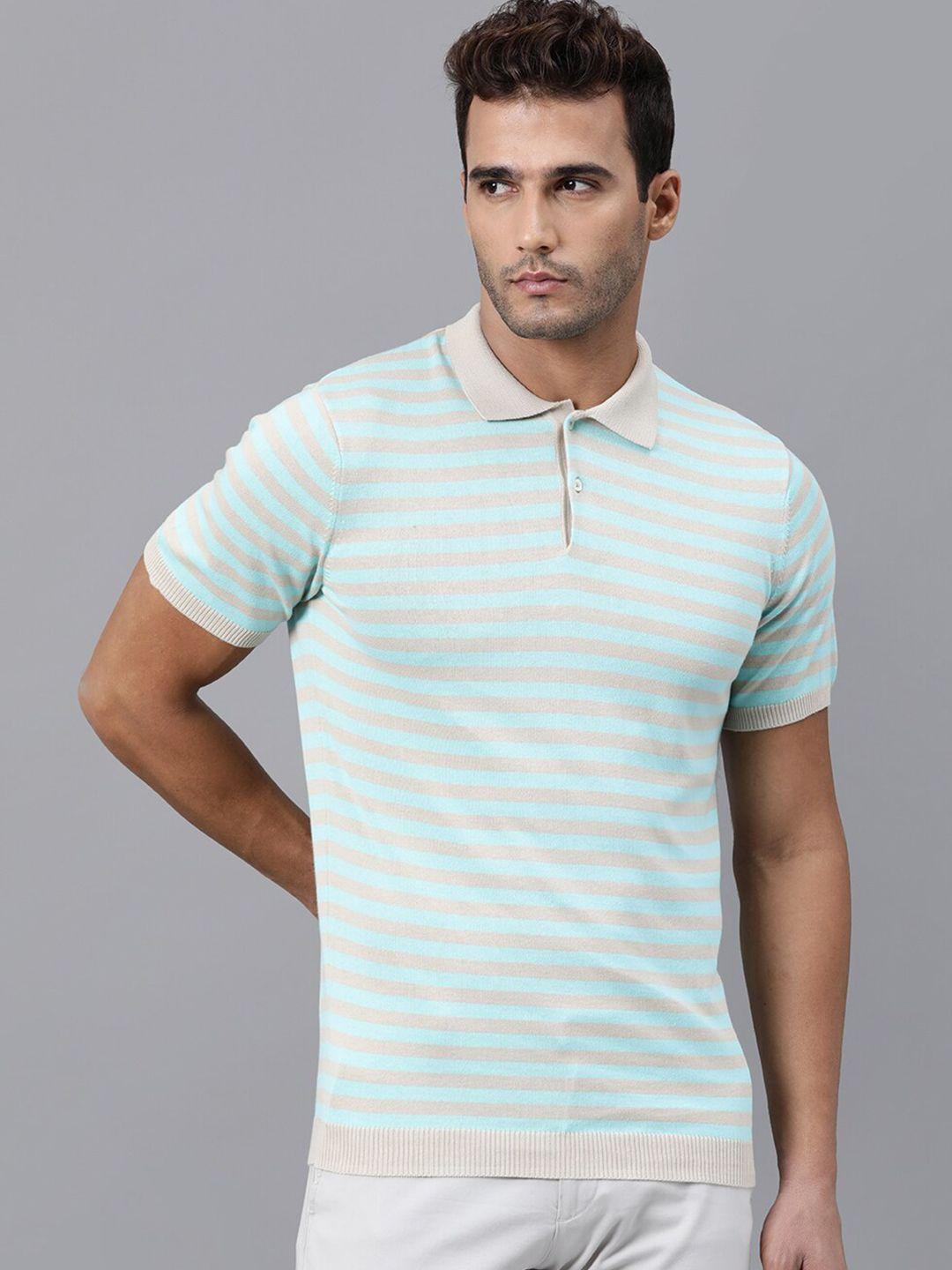 rare rabbit men turquoise blue & grey striped polo collar cotton t-shirt