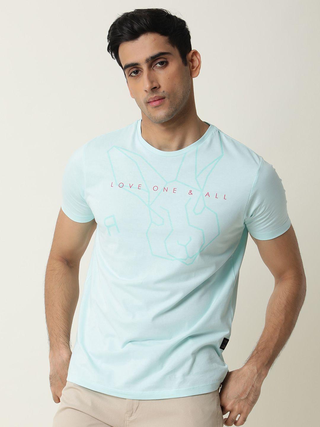 rare rabbit men turquoise blue printed pure cotton slim fit t-shirt