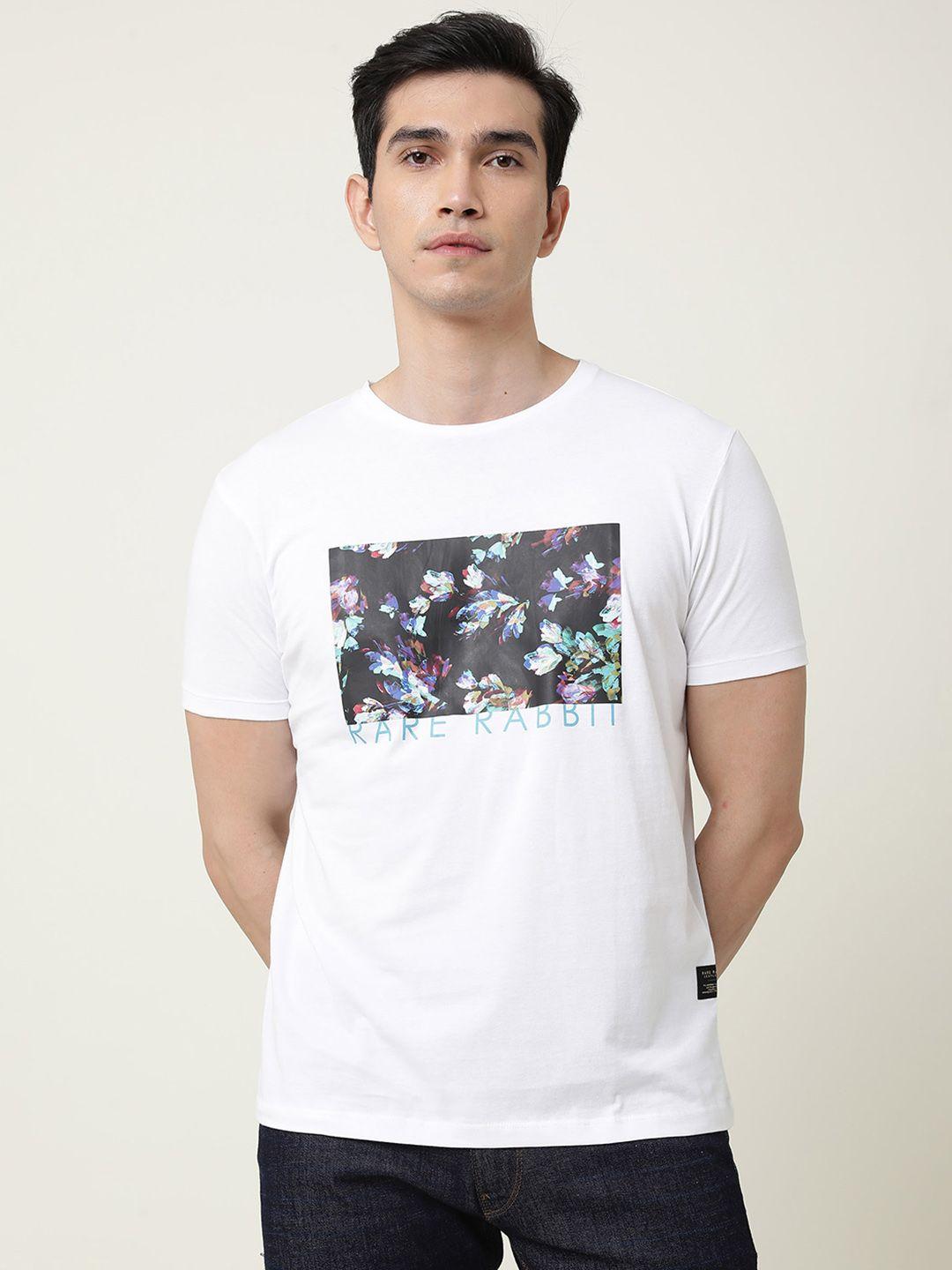 rare rabbit men white floral printed pure cotton slim fit t-shirt