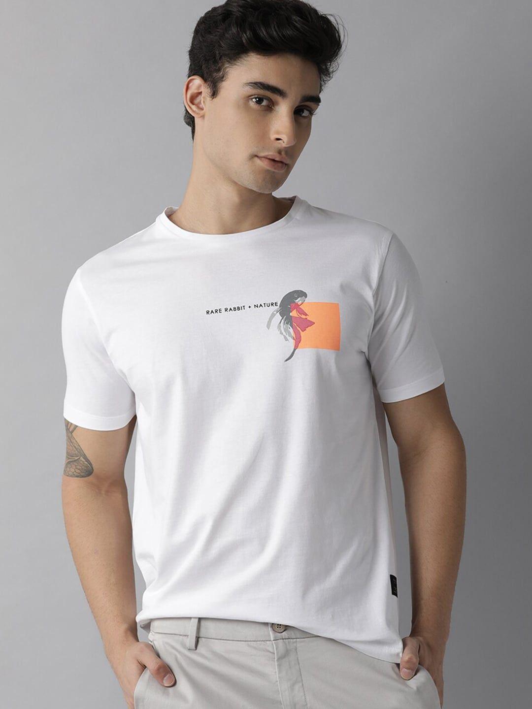 rare rabbit men white printed pure cotton slim fit t-shirt