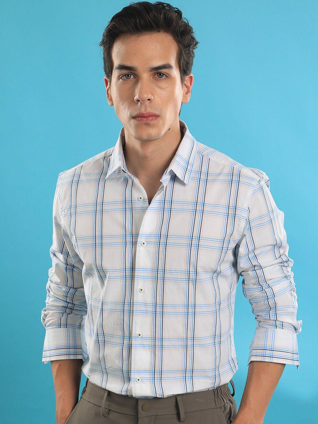 rare rabbit men white slim fit opaque checked casual shirt