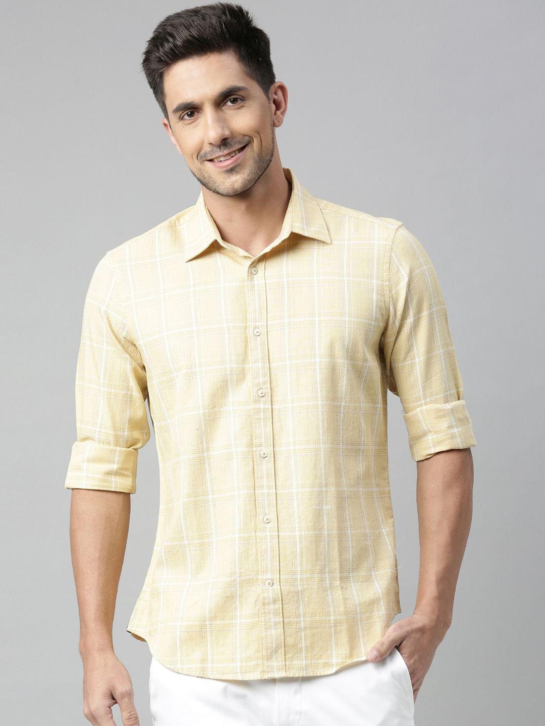 rare rabbit men yellow regular fit checked casual shirt