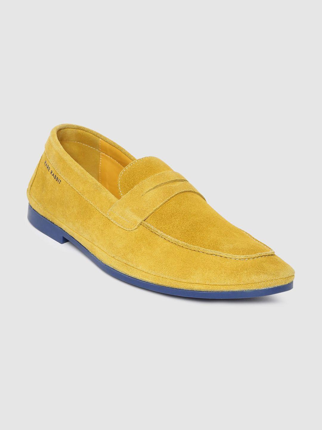 rare rabbit men yellow solid suede loafers