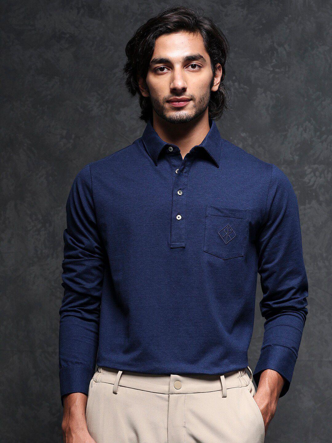 rare rabbit navy blue polo collar cotton slim fit t-shirt