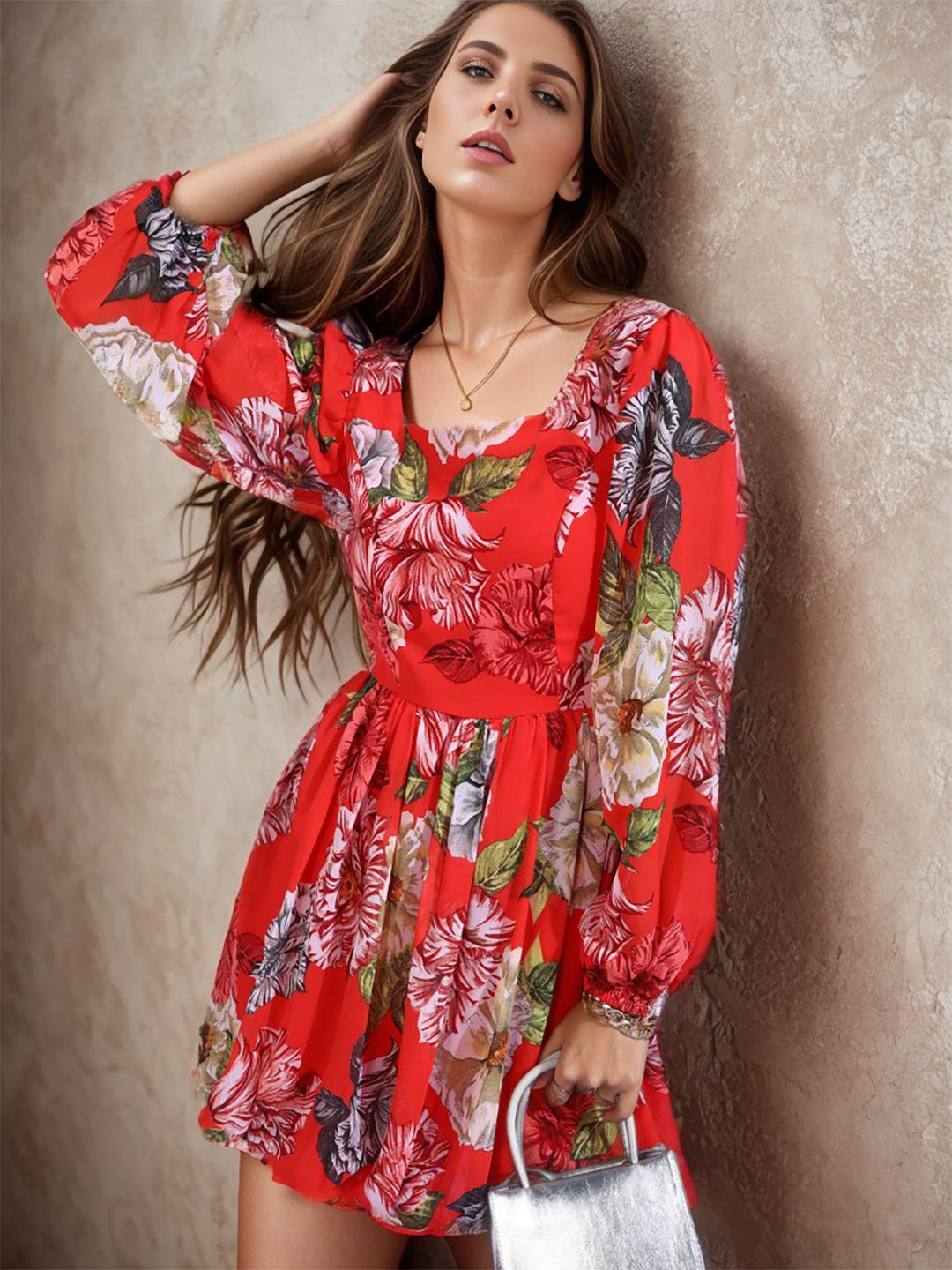 rare red floral printed square neck puff sleeve georgette fit & flare mini dress