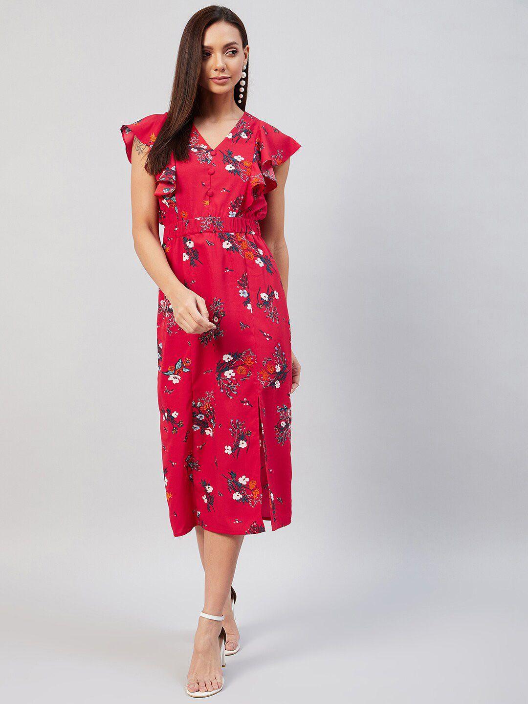 rare red floral printed v-neck crepe midi dress