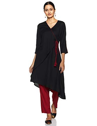 rare roots women's rayon a-line kurta set (rr015_black_small)