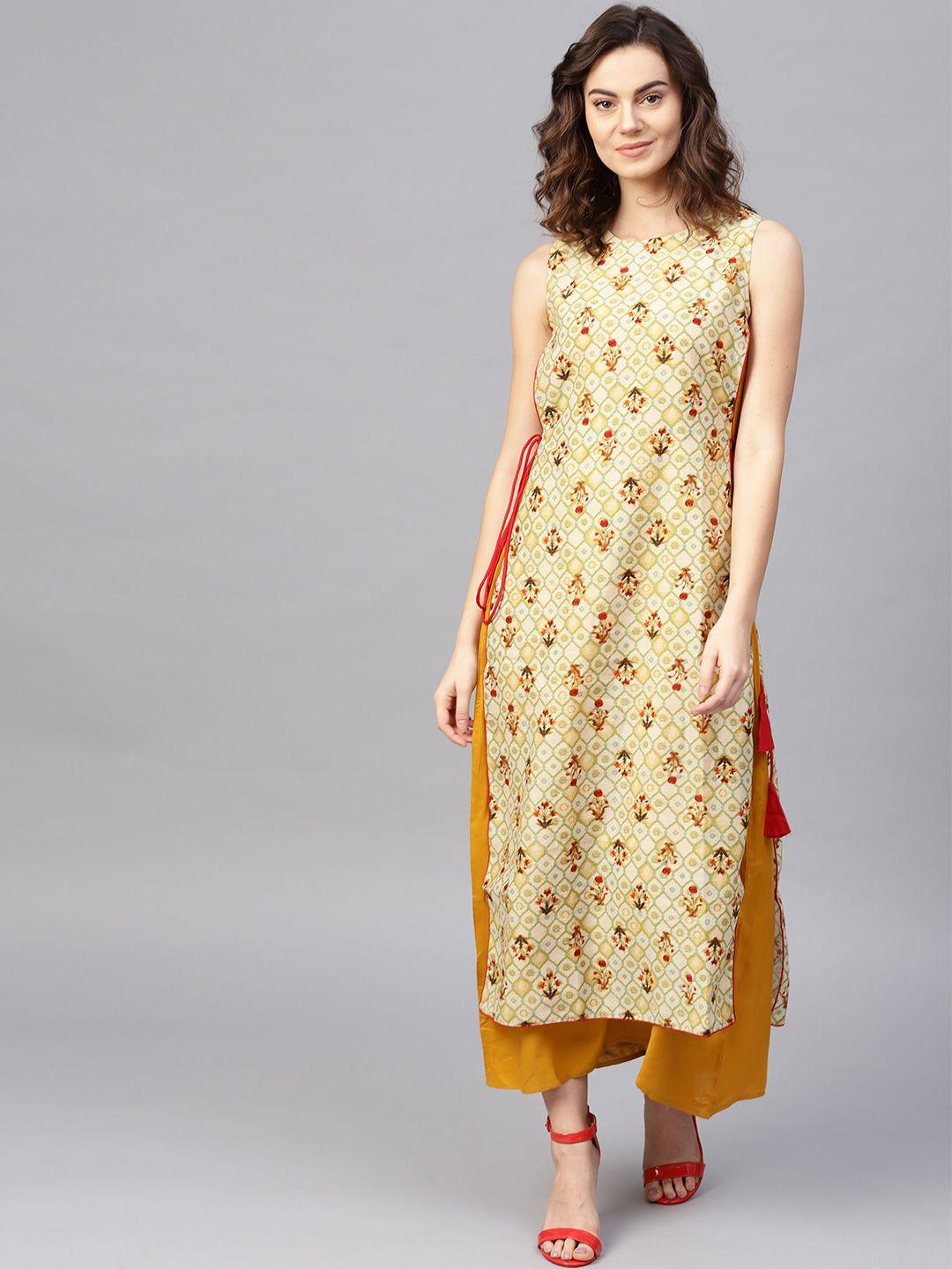rare roots women beige & mustard yellow printed layered maxi dress