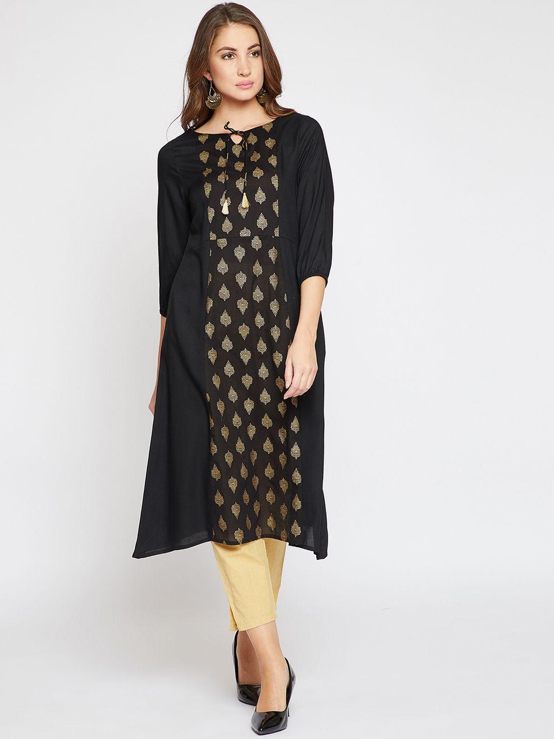 rare roots women black & gold-toned printed a-line kurta