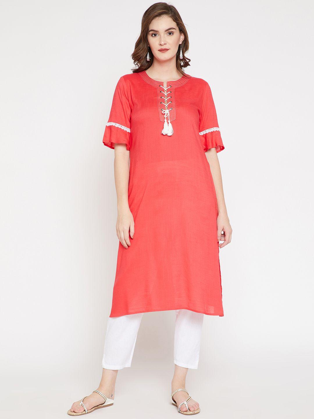 rare roots women coral red solid straight kurta