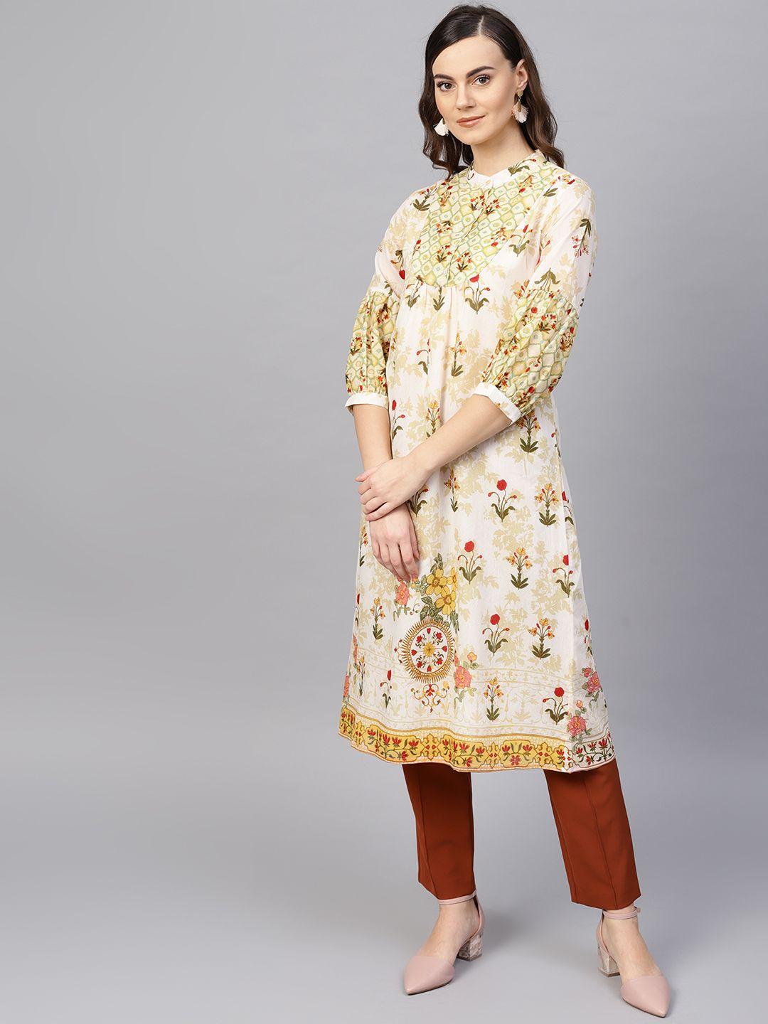 rare roots women cream-coloured & green floral printed a-line kurta