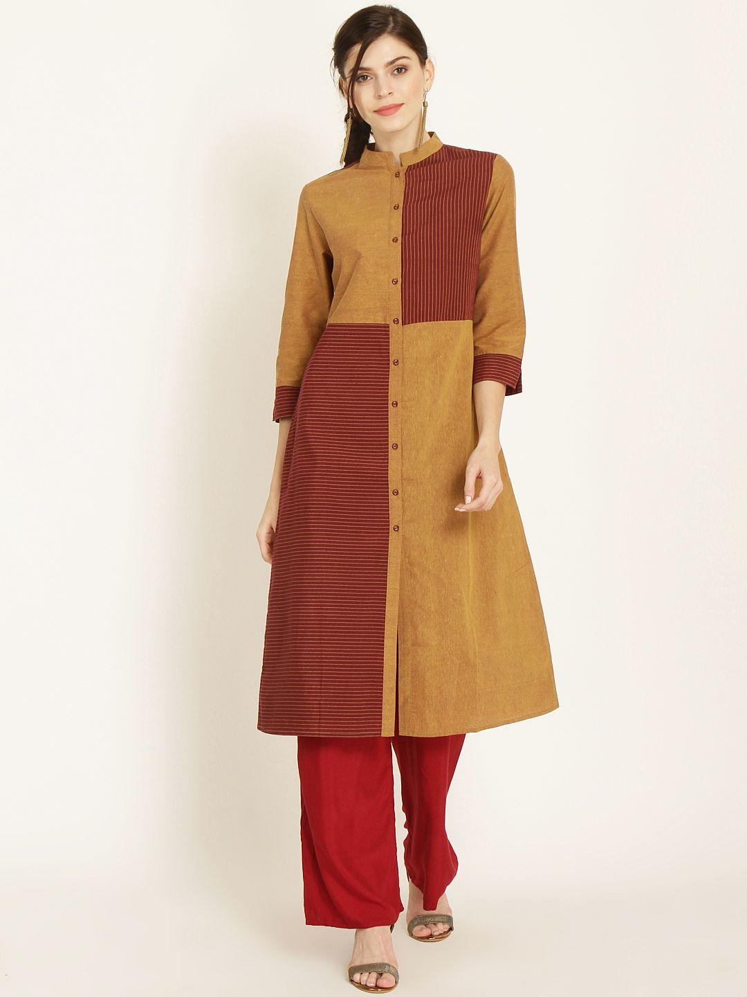 rare roots women mustard & maroon colourblocked straight kurta