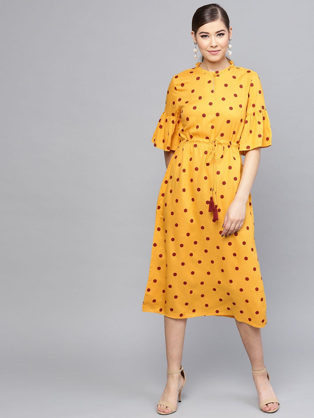 rare roots women mustard yellow & maroon printed a-line dress