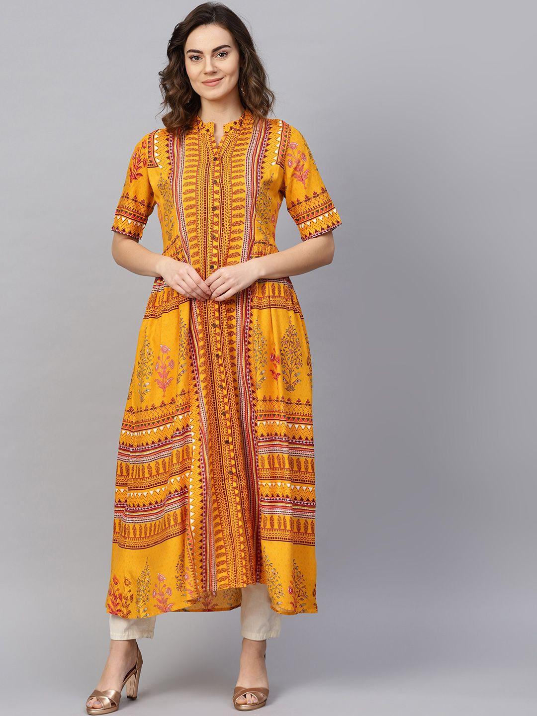 rare roots women mustard yellow & maroon printed a-line kurta