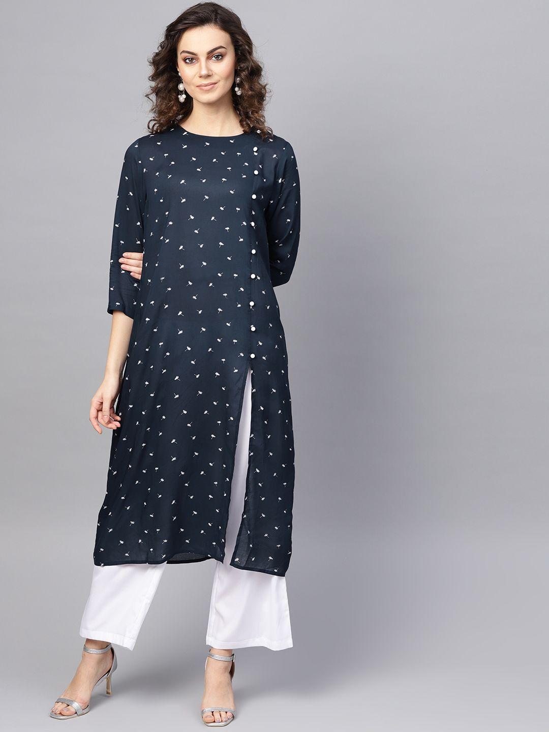 rare roots women navy blue & off-white printed kurta with palazzos