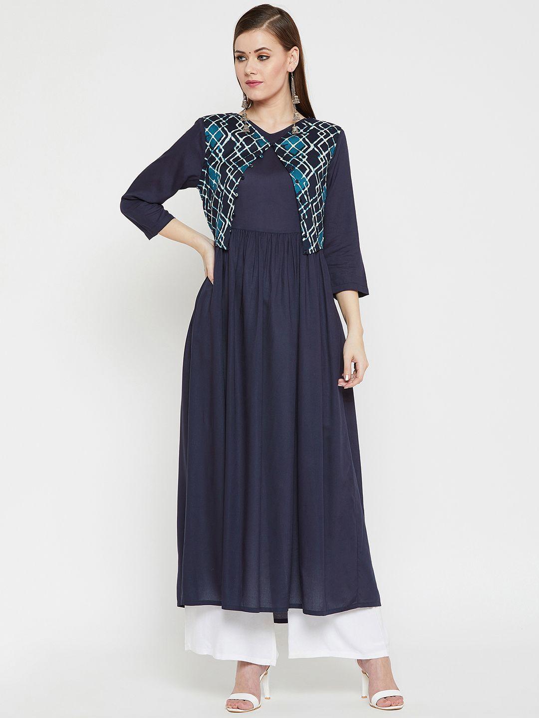 rare roots women navy blue printed a-line kurta