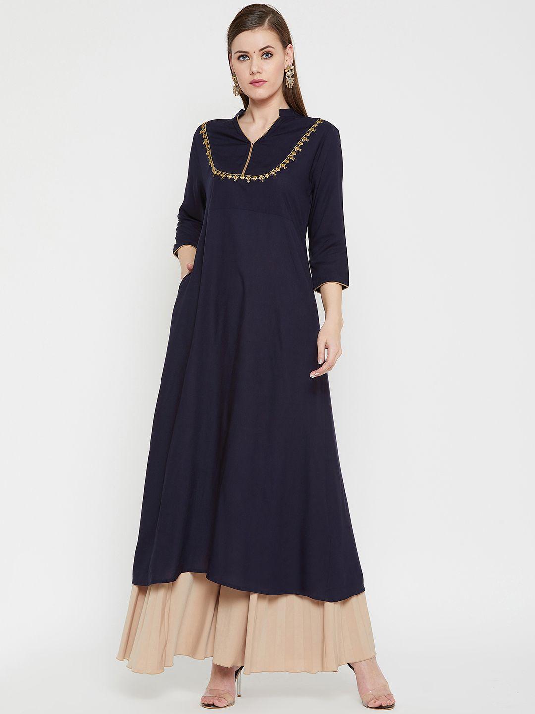 rare roots women navy blue solid a-line kurta