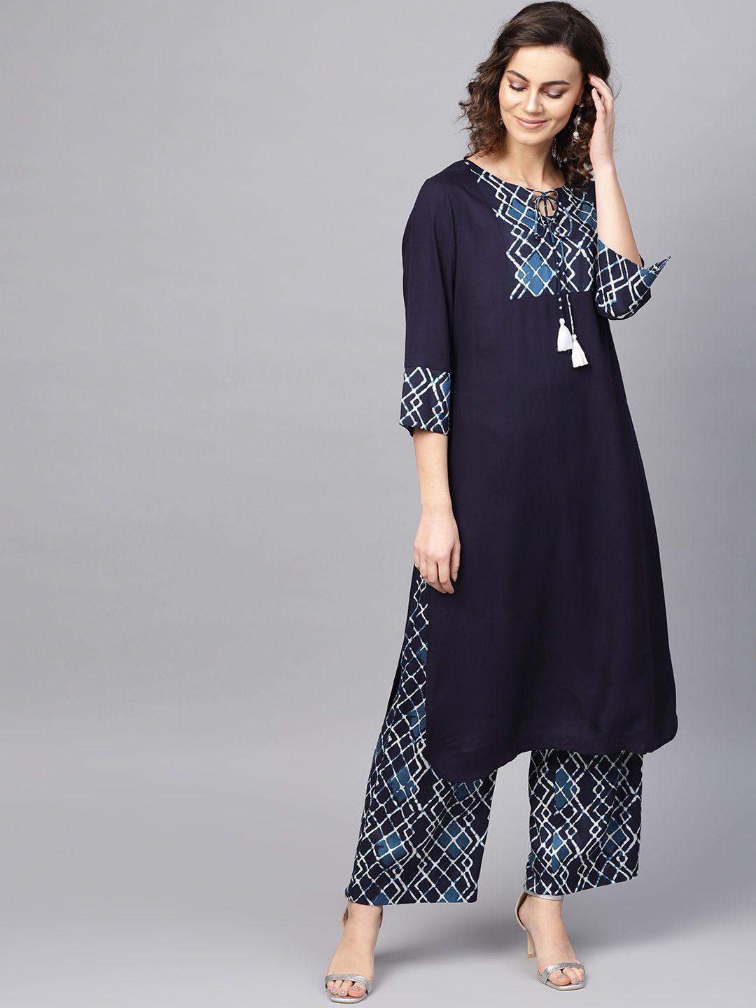 rare roots women navy blue solid kurta with palazzos