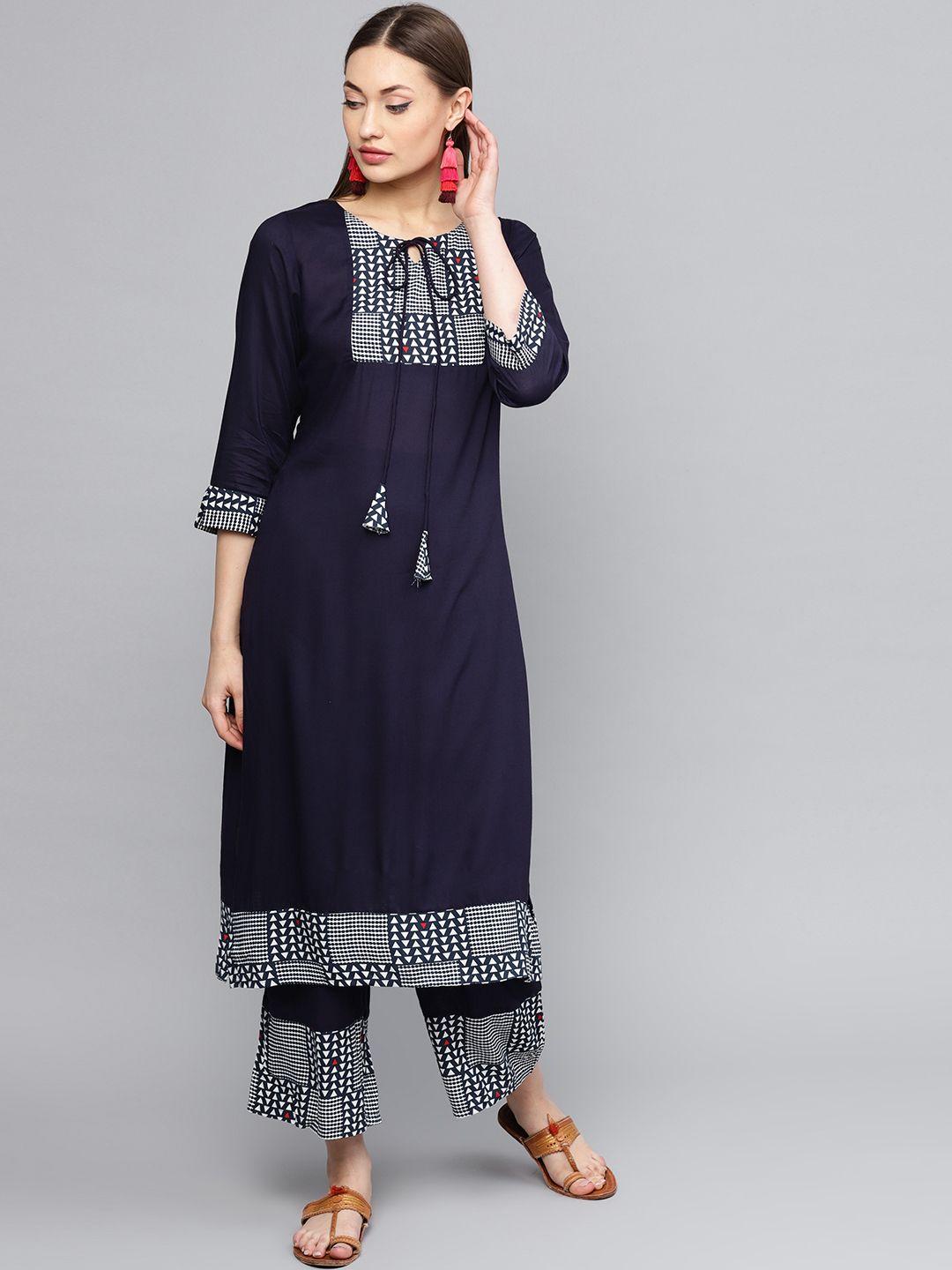 rare roots women navy blue yoke design kurta with palazzos