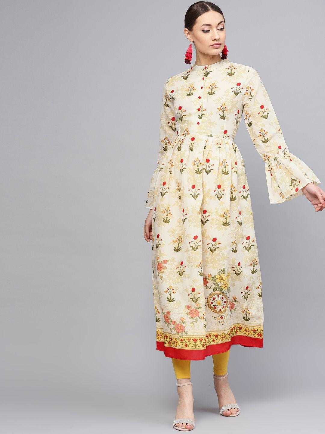 rare roots women off-white & beige printed a-line kurta