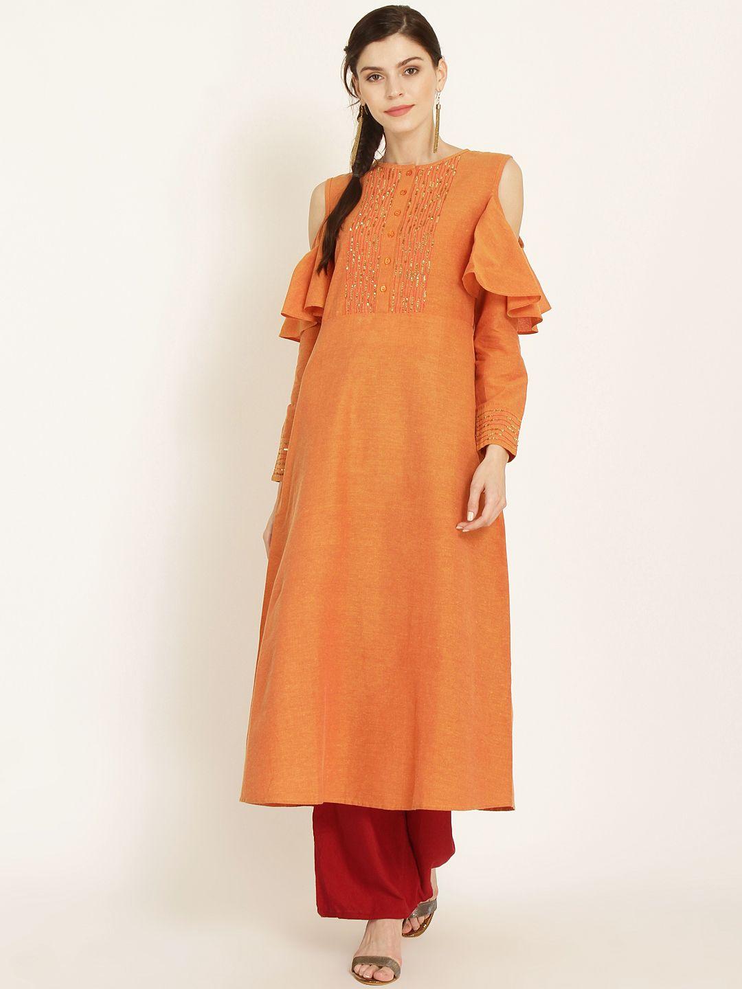 rare roots women orange solid a-line kurta