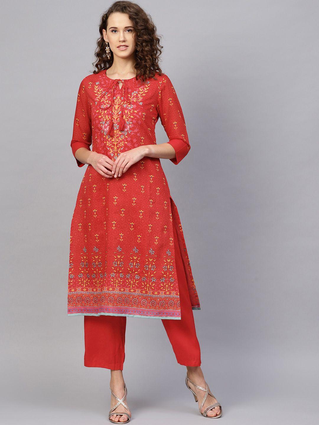 rare roots women red & yellow printed kurta with trousers