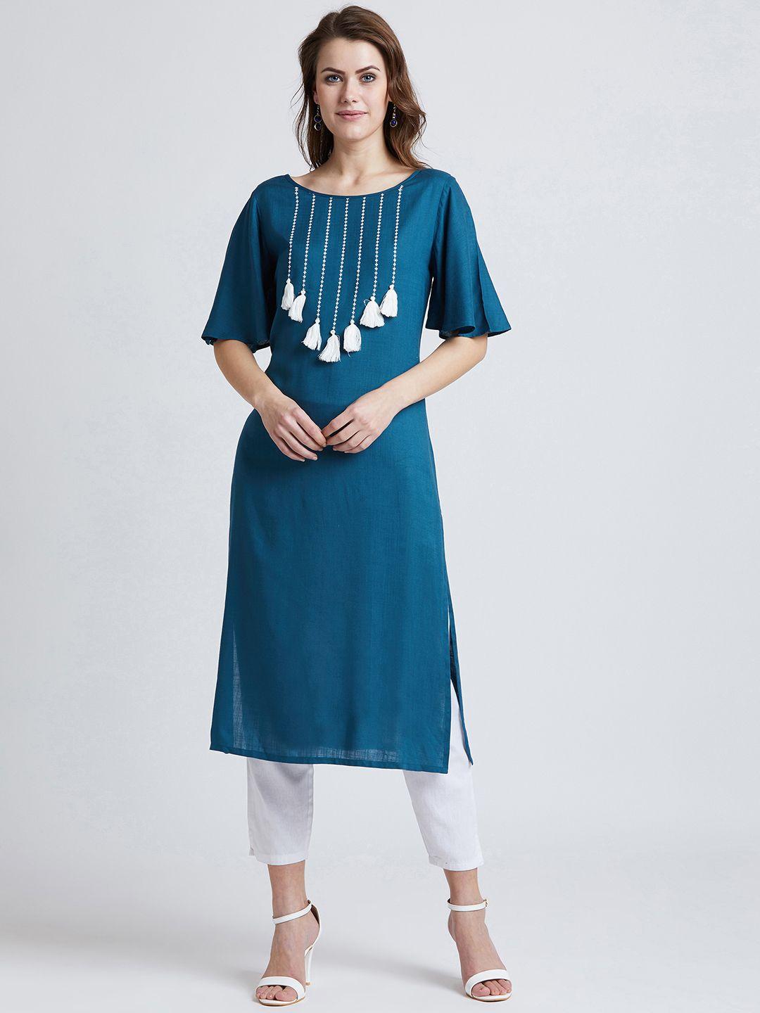 rare roots women teal blue solid straight kurta