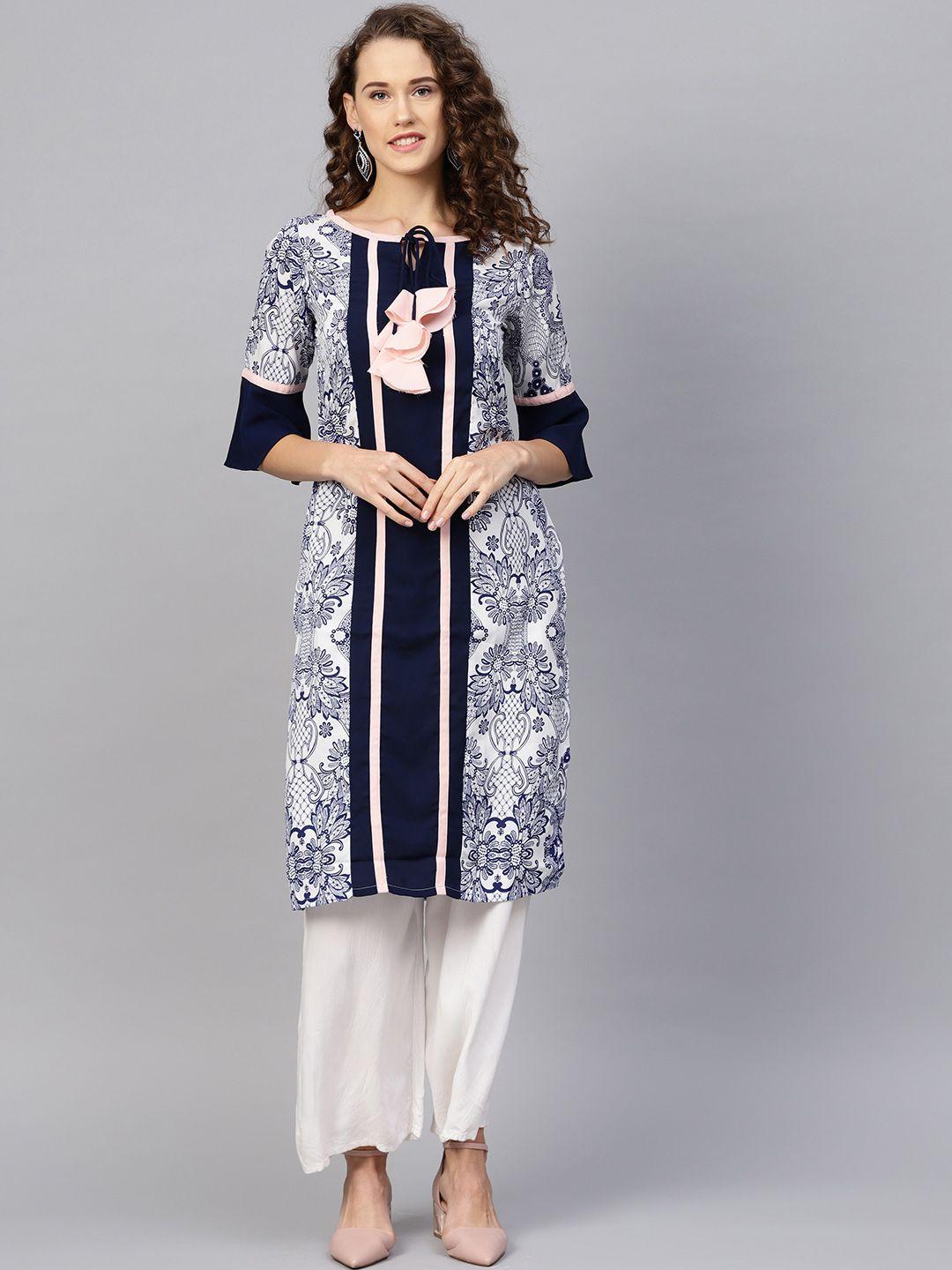 rare roots women white & navy blue printed straight kurta