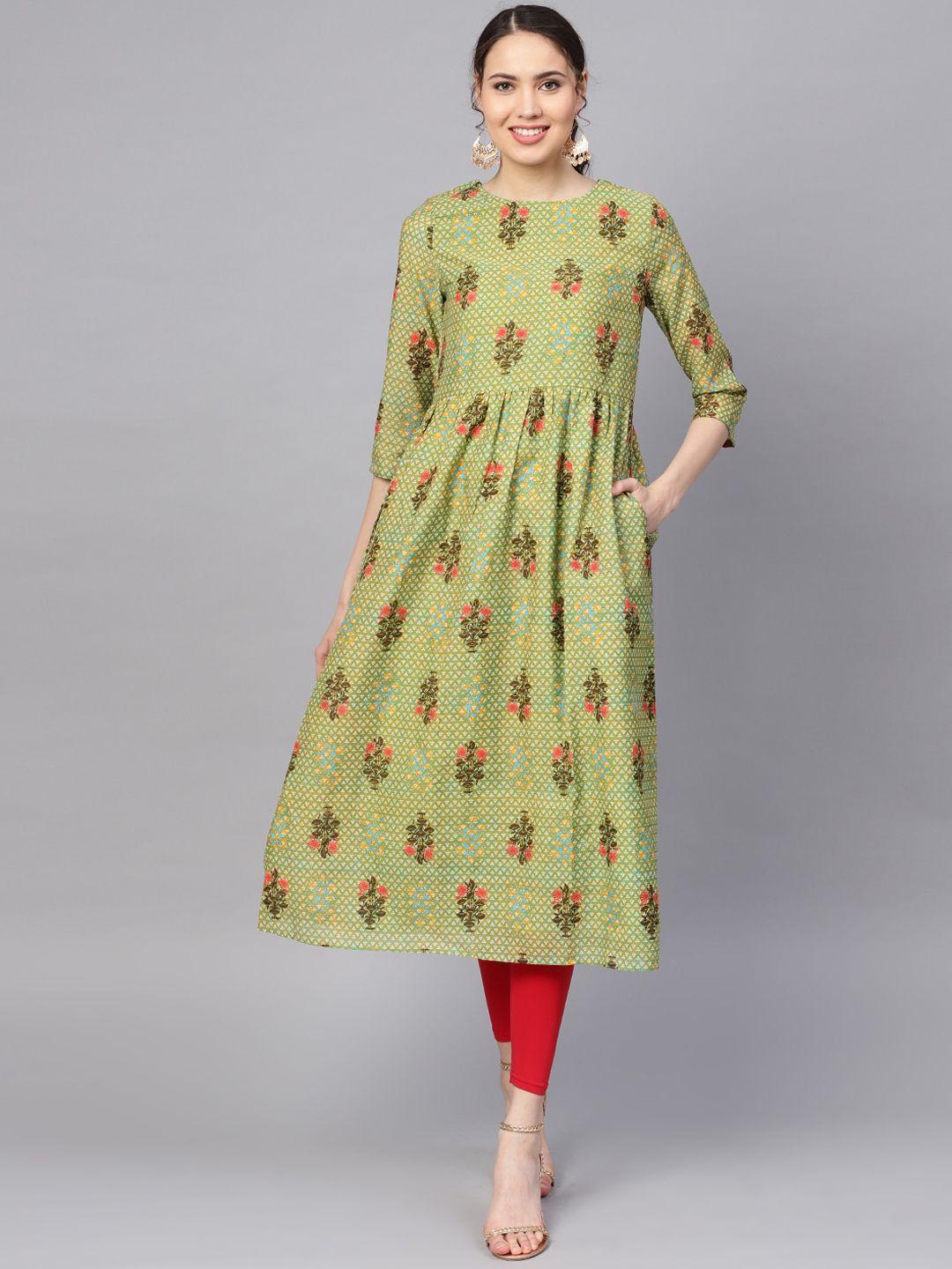 rare sea green & red floral printed a-line kurta