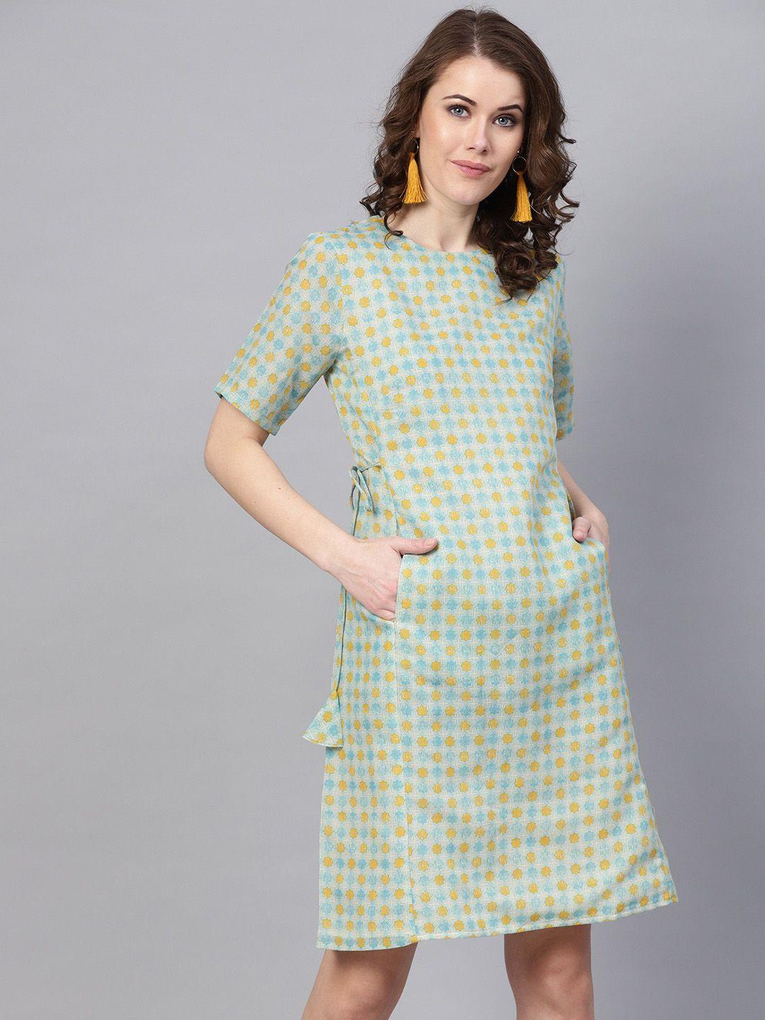 rare sea green & yellow ethnic motif printed a-line dress