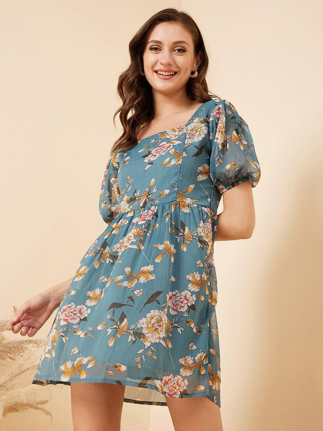 rare teal floral printed puff sleeve square neck chiffon fit & flare dress