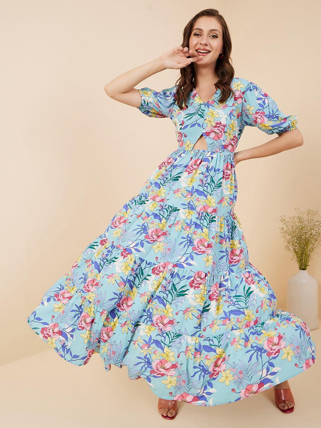 rare turquoise blue floral printed tiered maxi dress