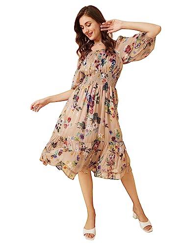 rare women's chiffon fit and flare midi casual dress (ep7550_multi_l) multicolour