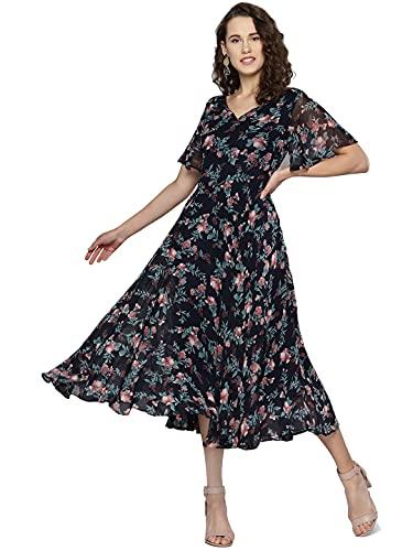 rare women's georgette fit and flare midi casual dress (ep6006_navy blue_x-large)