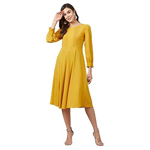 rare women's polyester fit and flare midi casual dress (ep6210_yellow_medium)